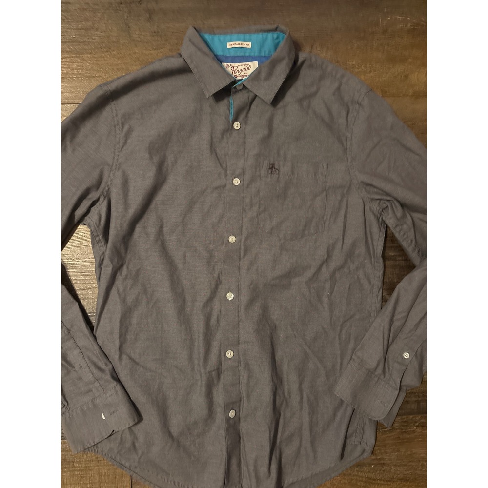Original Penguin Heritage Slim Fit Shirt Mens Medium Gray Teal Micro Print L/S